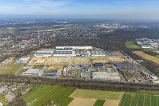 Aerial view, construction site Am Industriepark, Friedrichsfeld, Voerde, Ruhr area, Lower Rhine,