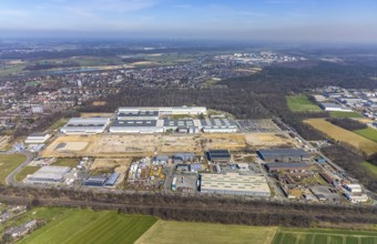 Aerial view, construction site Am Industriepark, Friedrichsfeld, Voerde, Ruhr area, Lower Rhine,