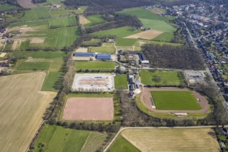 Aerial view, construction site for new sports field, sports centre Voerde, Rönskenstraße,