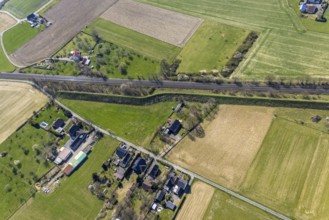 Aerial view, railway tracks Im Hörsken, meadows and fields, noise barrier, Betuweroute, Betuwelijn,