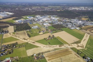 Aerial view, pipeline construction, forest with meadows and fields at the Holthausen industrial
