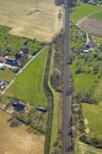 Aerial view, railway tracks Im Hörsken, meadows and fields, noise barrier, Betuweroute, Betuwelijn,