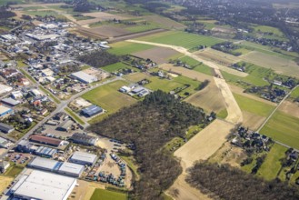 Aerial view, pipeline construction, forest with meadows and fields at the Holthausen industrial