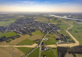 Aerial view, aerial view Spellen, pipeline construction, river Rhine, Spellen, Voerde, Ruhr area,