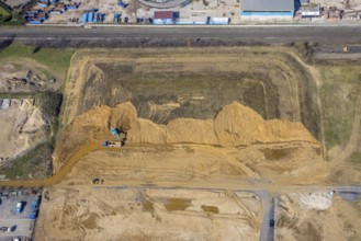 Aerial view, embankments and construction site Böskenstraße for new company settlements, Emmelsum,