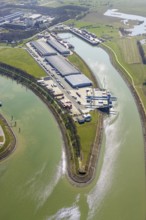 Aerial view, harbour Emmelsum, lock road, river Rhine, Rhine estuary Wesel-Datteln canal, Emmelsum,