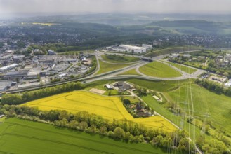 Aerial view, rape fields at the A44 motorway junction Hetterscheidt, Krehwinkler Höfe, Velbert,