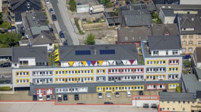 Aerial view, colourful windows at the commercial building Noldestraße, Velbert, Ruhr area, North
