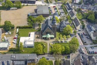 Aerial view, evang. Christuskirche, Corona rapid test centre in the new parish hall in Oststraße,