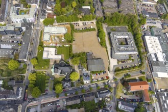 Aerial view, evang. Christuskirche, construction site and new building hospice and palliative