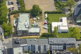 Aerial view, evang. Christuskirche, construction site and new building hospice and palliative