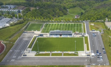 Aerial photo, Corona rapid test station at the Oberliga stadium, EMKA Velbert sports centre,