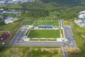 Aerial photo, Corona rapid test station at the Oberliga stadium, EMKA Velbert sports centre,