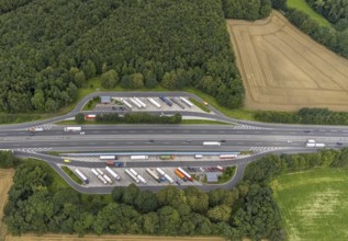 Aerial view, motorway A44 with rest area Grüntal and rest area Buchenhain, Ostbüren,