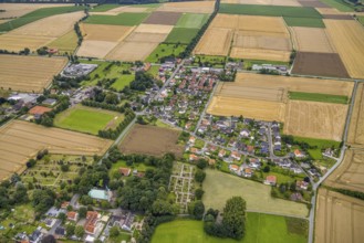Aerial view, meadows and fields with cemetery in Hemmerde, Unna, Ruhr area, North Rhine-Westphalia,