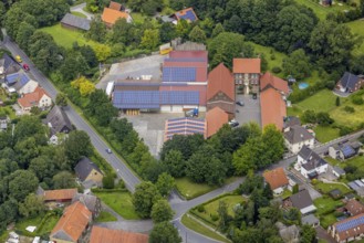 Aerial view, agricultural business Agrarhandel Wilke GmbH with solar roof, Hemmerde, Unna, Ruhr