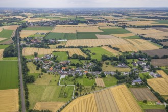 Aerial view, meadows and fields with Stockum town view, Unna, Ruhr area, North Rhine-Westphalia,