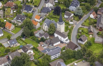 Aerial view, protestant church Lünern with town centre Lünern, Unna, Ruhr area, North