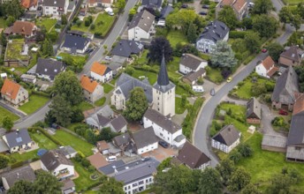 Aerial view, protestant church Lünern with town centre Lünern, Unna, Ruhr area, North