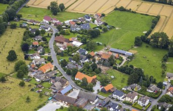 Aerial view, meadows and fields with Stockum town view, Unna, Ruhr area, North Rhine-Westphalia,