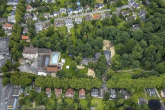 Aerial view, Katharinenschule and outdoor swimming pool Bornekamp with park, Unna, Ruhr area, North