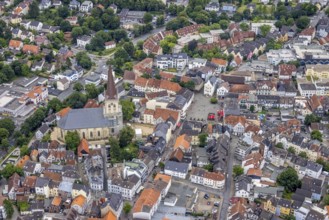 Aerial view, construction site and renovation of the protestant town church, old town market