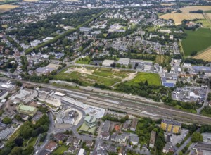 Aerial view, Unna railway station, Viktoriastrasse construction area for office building, Unna,