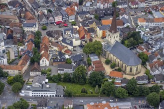 Aerial view, construction site and renovation of the protestant town church, old town market