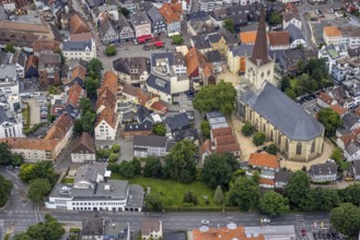 Aerial view, construction site and renovation of the evang. City church, Rubensverlagshaus,