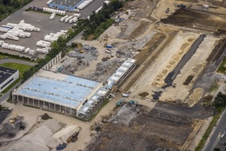 Aerial view, construction site and new building on Otto-cock-Straße in Unna Industrial Park, Unna,