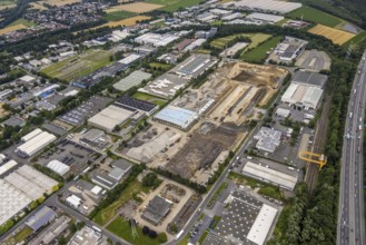 Aerial view, construction site and new building on Otto-cock-Straße in Unna Industrial Park, Unna,