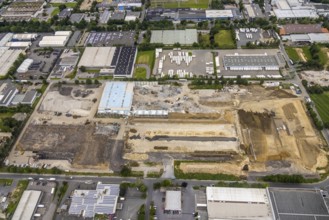 Aerial view, construction site and new building on Otto-cock-Straße in Unna Industrial Park, Unna,