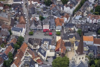 Aerial view, old town market square, Unna, Ruhr area, North Rhine-Westphalia, Germany, fountain,