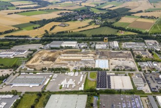 Aerial view, construction site and new building on Otto-cock-Straße in Unna Industrial Park, Unna,
