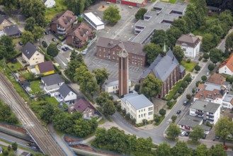Aerial view, Catholic Church of the Sacred Heart of Jesus, School at Friedrichsborn, Königsborn,