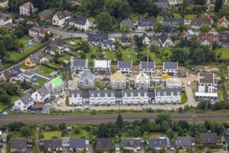 Aerial view, construction site and new construction of residential buildings at Hof Drücke