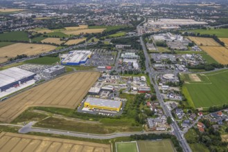 Aerial view, IKEA furniture store Kamen, Deutsche Post DHL Logistik, commercial area Unna Kamen,