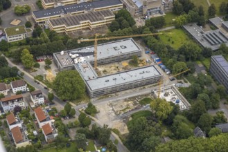 Aerial view, construction site and new building Bildungscampus Unna, new building kindergarten