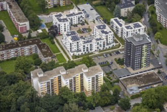 Aerial view, Parkquartier Königsborn, new building Potsdamer Straße with solar roof, Königsborn,