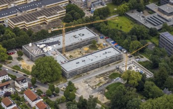 Aerial view, construction site and new building Bildungscampus Unna, new building kindergarten