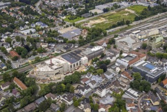 Aerial view, construction site and new building shopping centre, formerly Bremme mill site, town