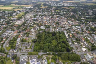 Aerial view, Kath. Hospitalverbund Hellweg and Alter Westfriedhof with trees, Unna, Ruhr area,