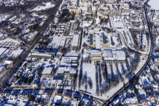 Aerial view, construction site Berliner Allee building with further education centre, educational