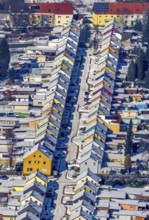 Aerial view, Friedrichstraße colliery housing estate, coloured house facades in the snow,