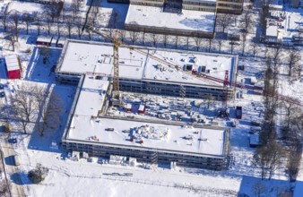 Aerial view, construction site Berliner Allee building with further education centre, educational
