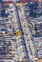 Aerial view, Friedrichstraße colliery housing estate, coloured house facades in the snow,