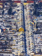 Aerial view, Friedrichstraße colliery housing estate, coloured house facades in the snow,