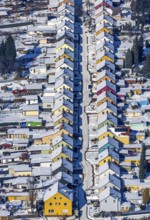 Aerial view, Friedrichstraße colliery housing estate, coloured house facades in the snow,