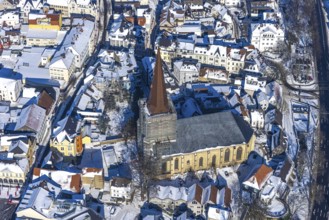 Aerial view, renovation construction site protestant town church, old town, Unna, Ruhr area, North