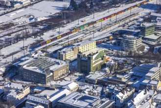 Aerial view, Unna railway station, catholic church St. Katharina, Unna, Ruhr area, North